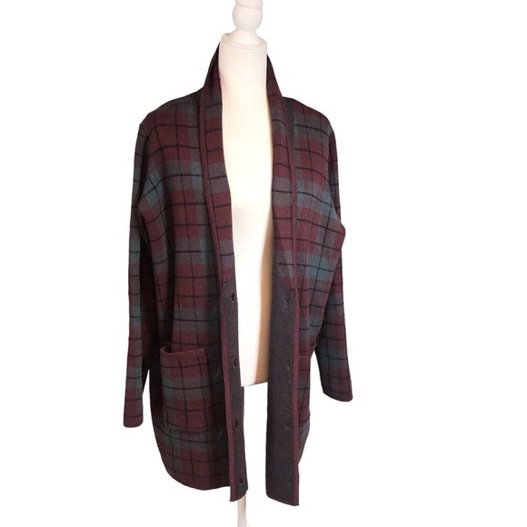 Denim & Co Shacket Women’s 1X Burgundy Gray Box Tartan Plaid Cotton Knit Open - Picture 6 of 12